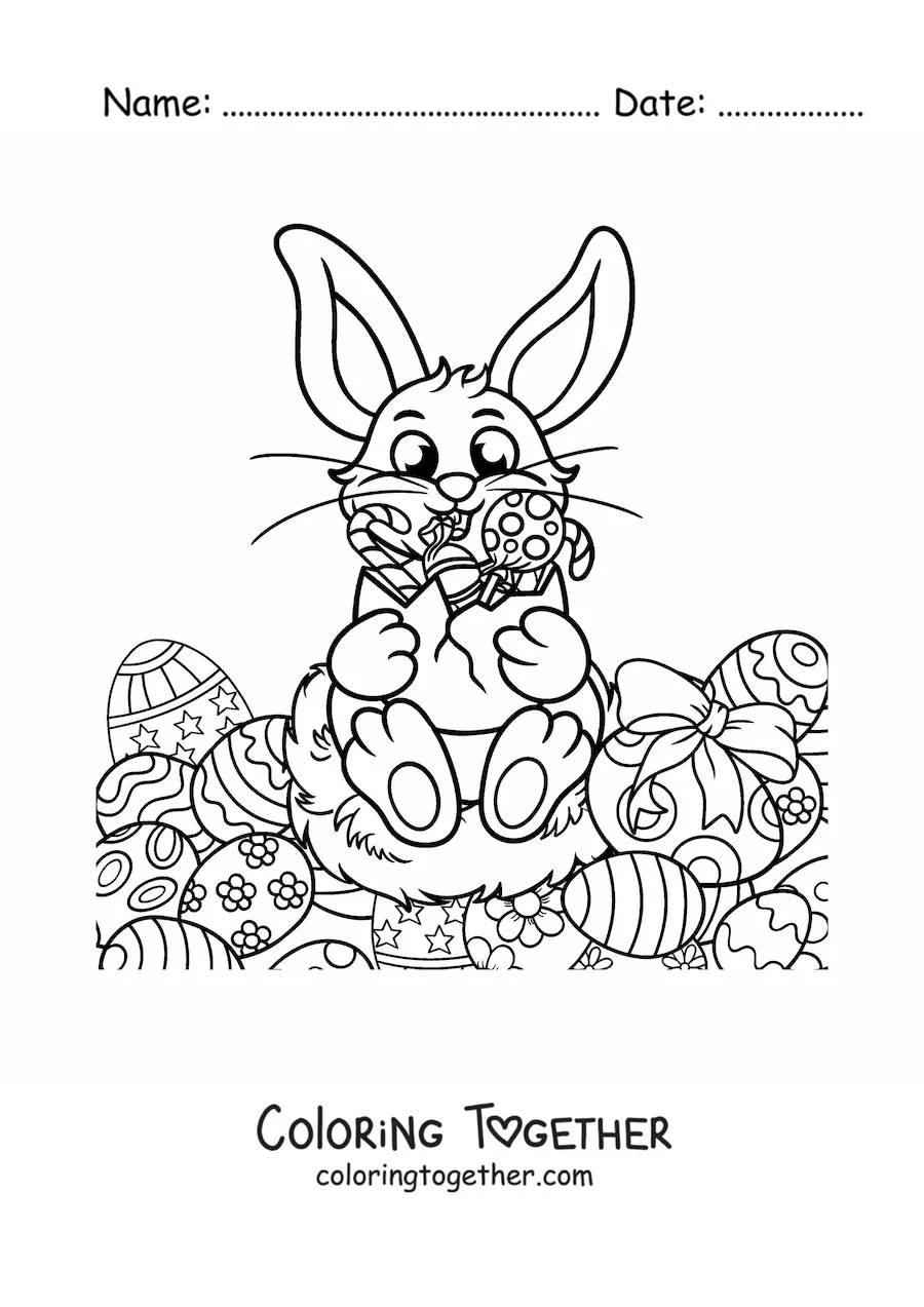 Coloring page of a cartoon rabbit holding Easter eggs and surrounded by Easter eggs