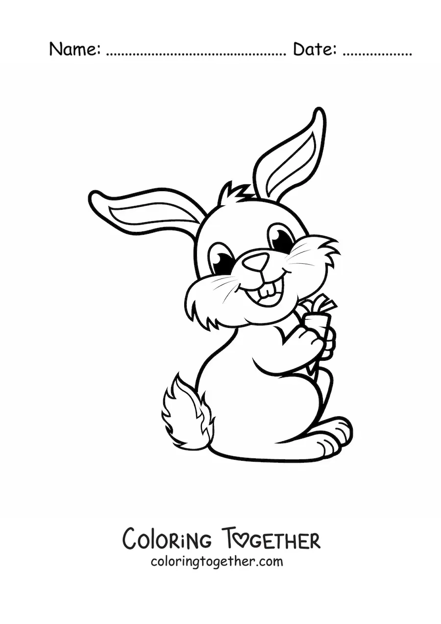 Coloring page of a funny rabbit smiling and holding a carrot