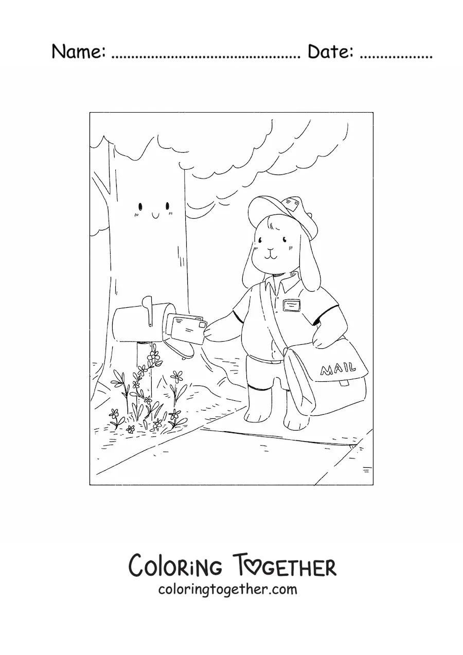 Coloring page of a cartoon rabbit dressed as a mailman placing a letter in a mailbox