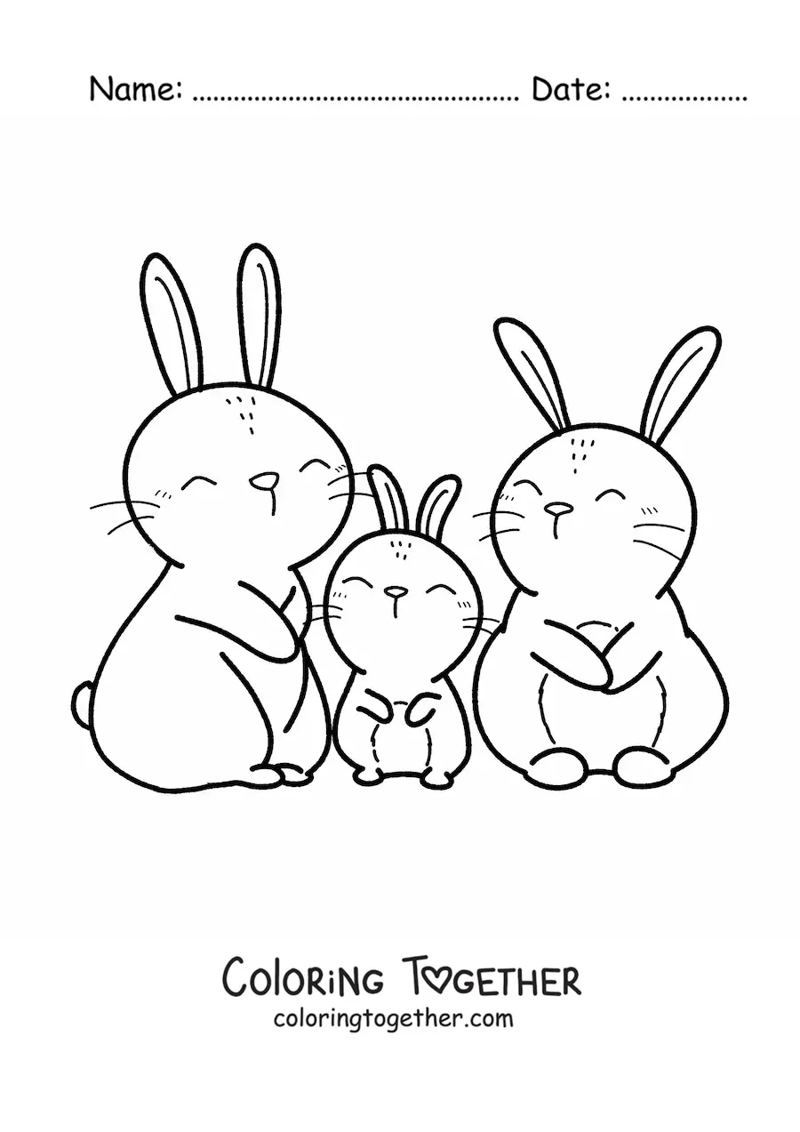 Coloring page of a family of three cute rabbits with their eyes closed