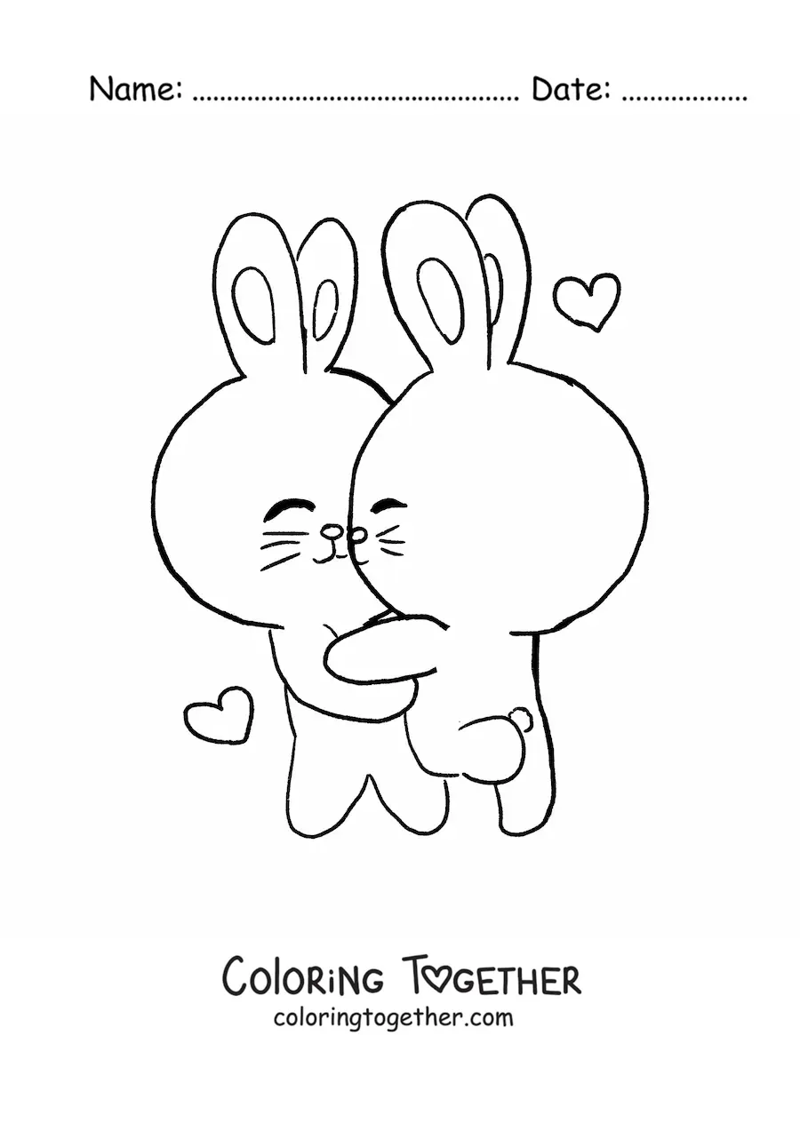 Coloring page of two cute rabbits hugging with floating hearts
