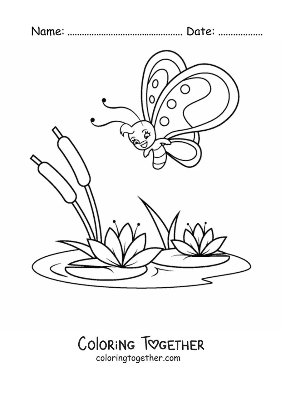 Coloring page of a cartoon butterfly flying toward some water lily flowers