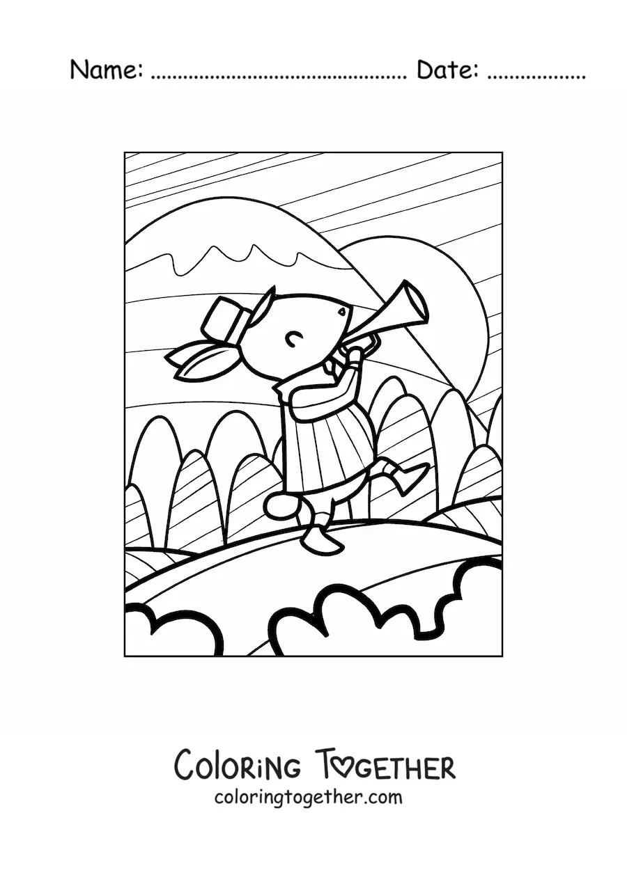 Coloring page of a cartoon rabbit walking while playing the trumpet