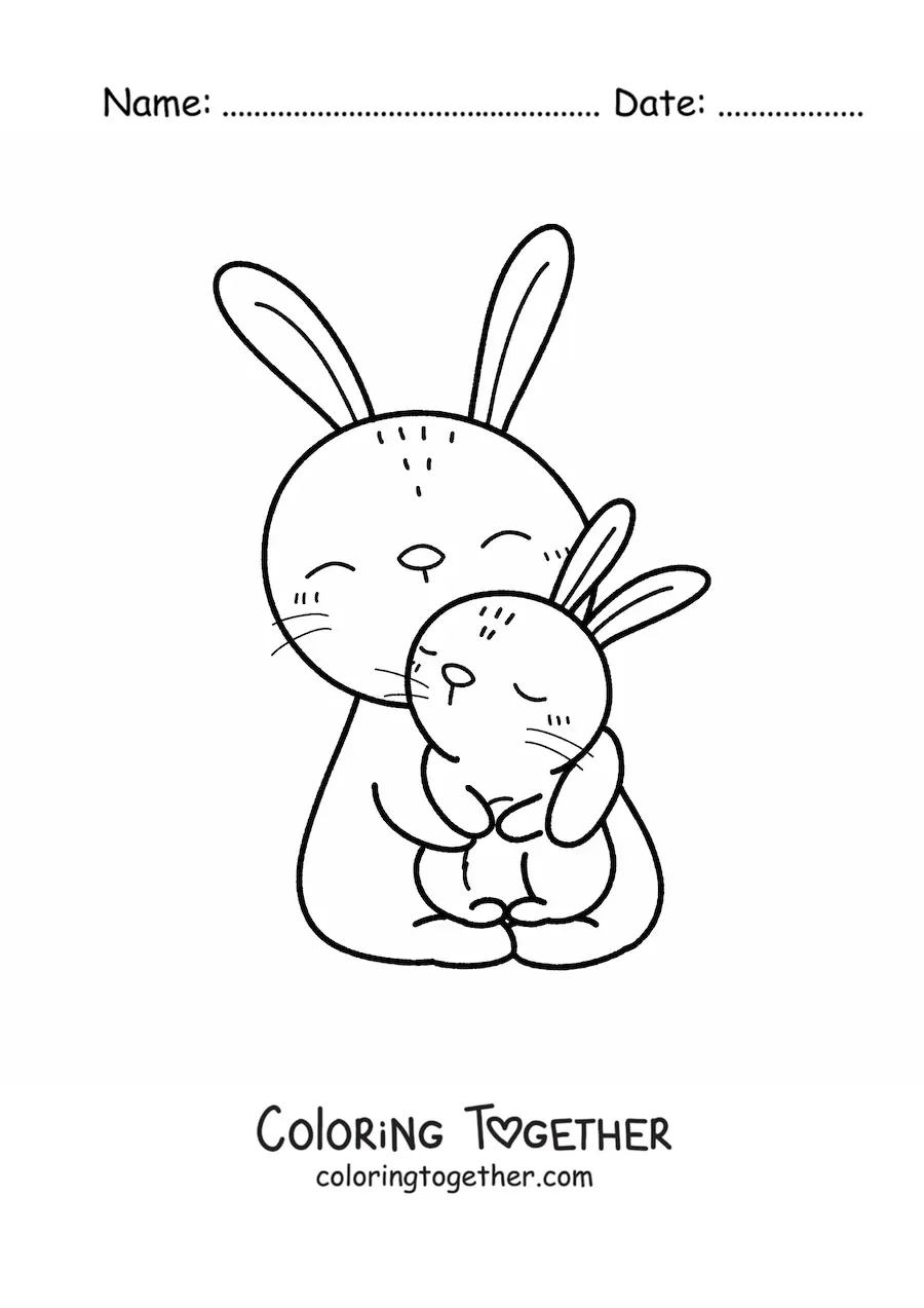 Coloring page of a cute mother rabbit hugging her baby