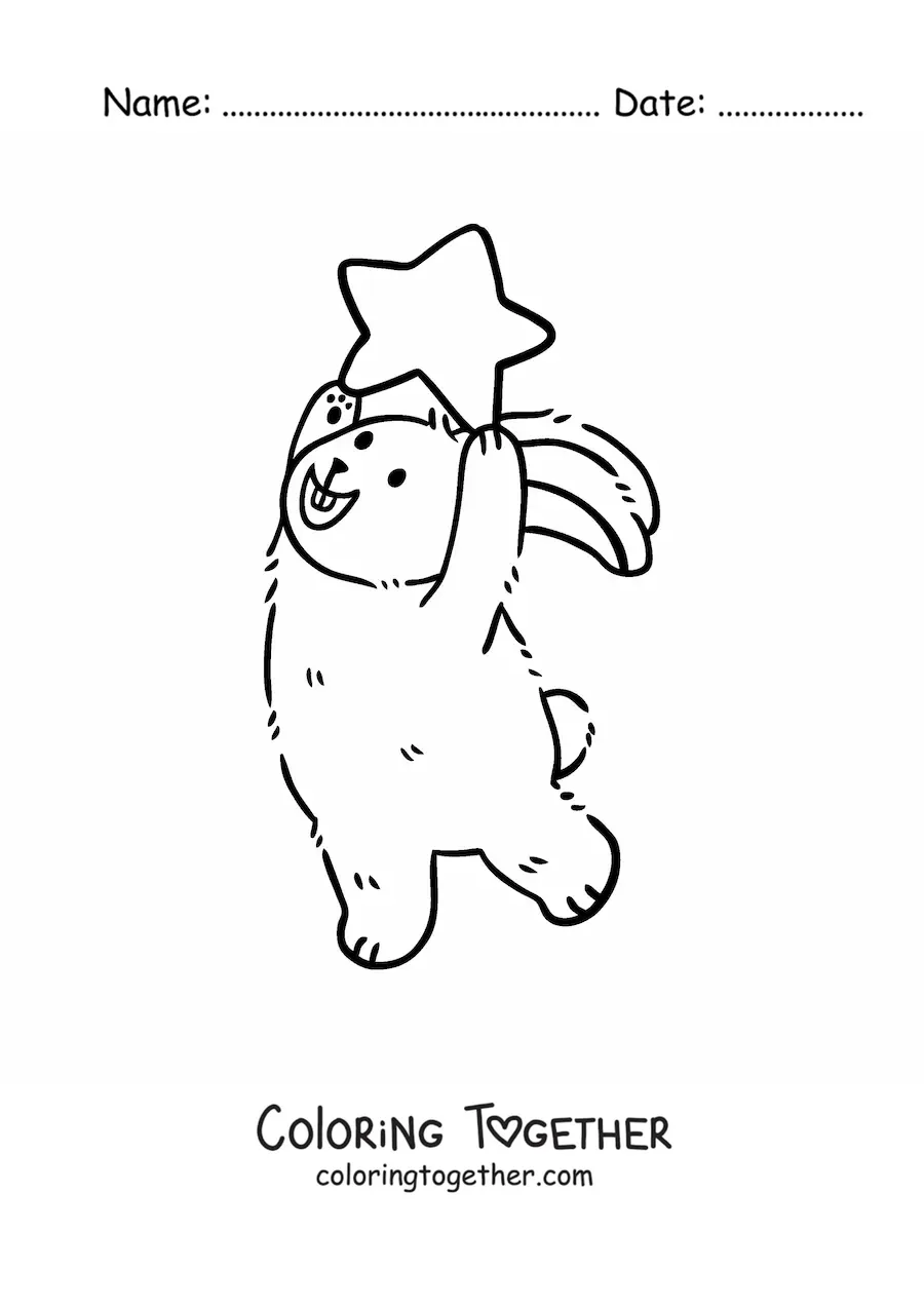 Coloring page of a cartoon rabbit on two legs holding a star over its head