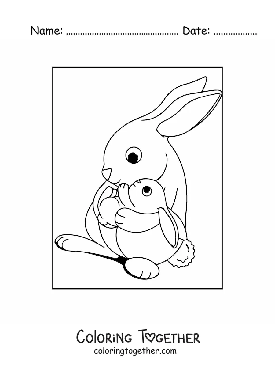 Coloring page of a mother rabbit holding a baby rabbit in her arms