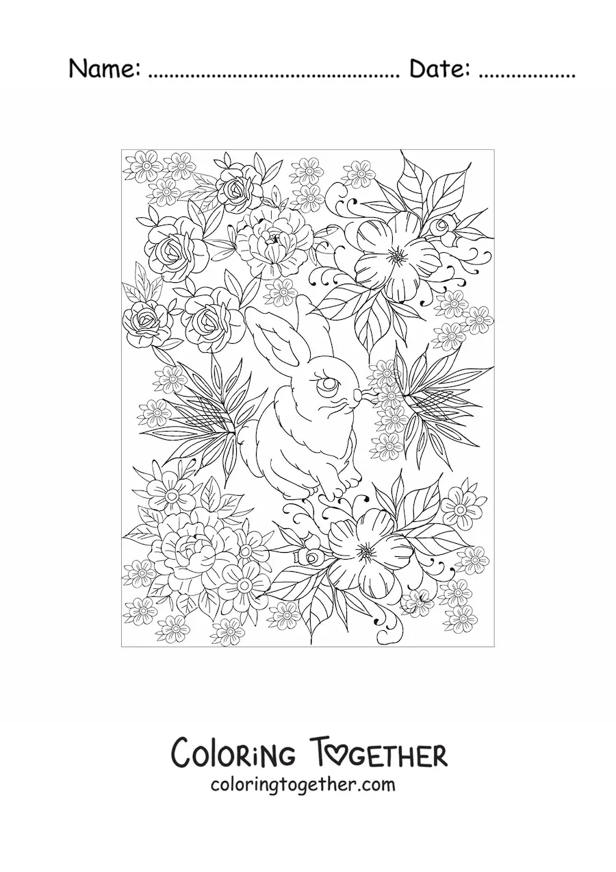 Coloring page of a small rabbit with big eyes surrounded by flowers