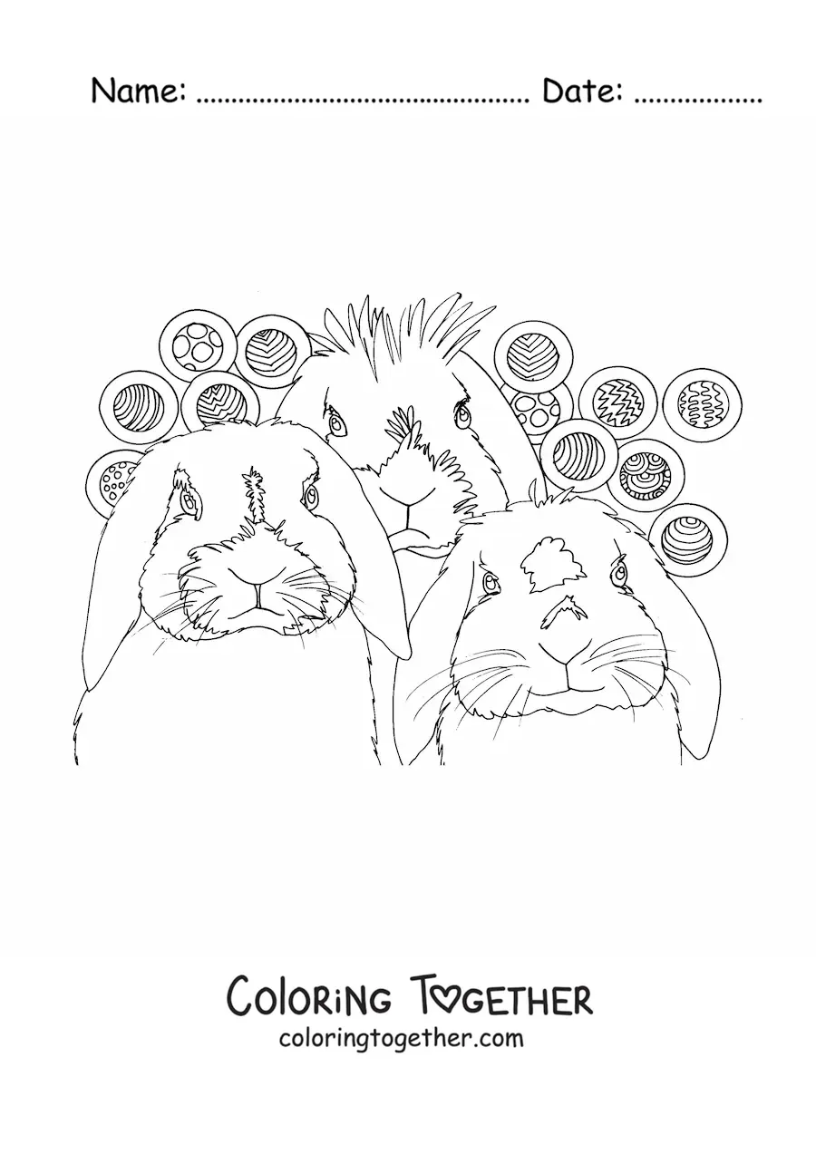 Coloring page of three realistic rabbits with a pattern of textured circles in the background