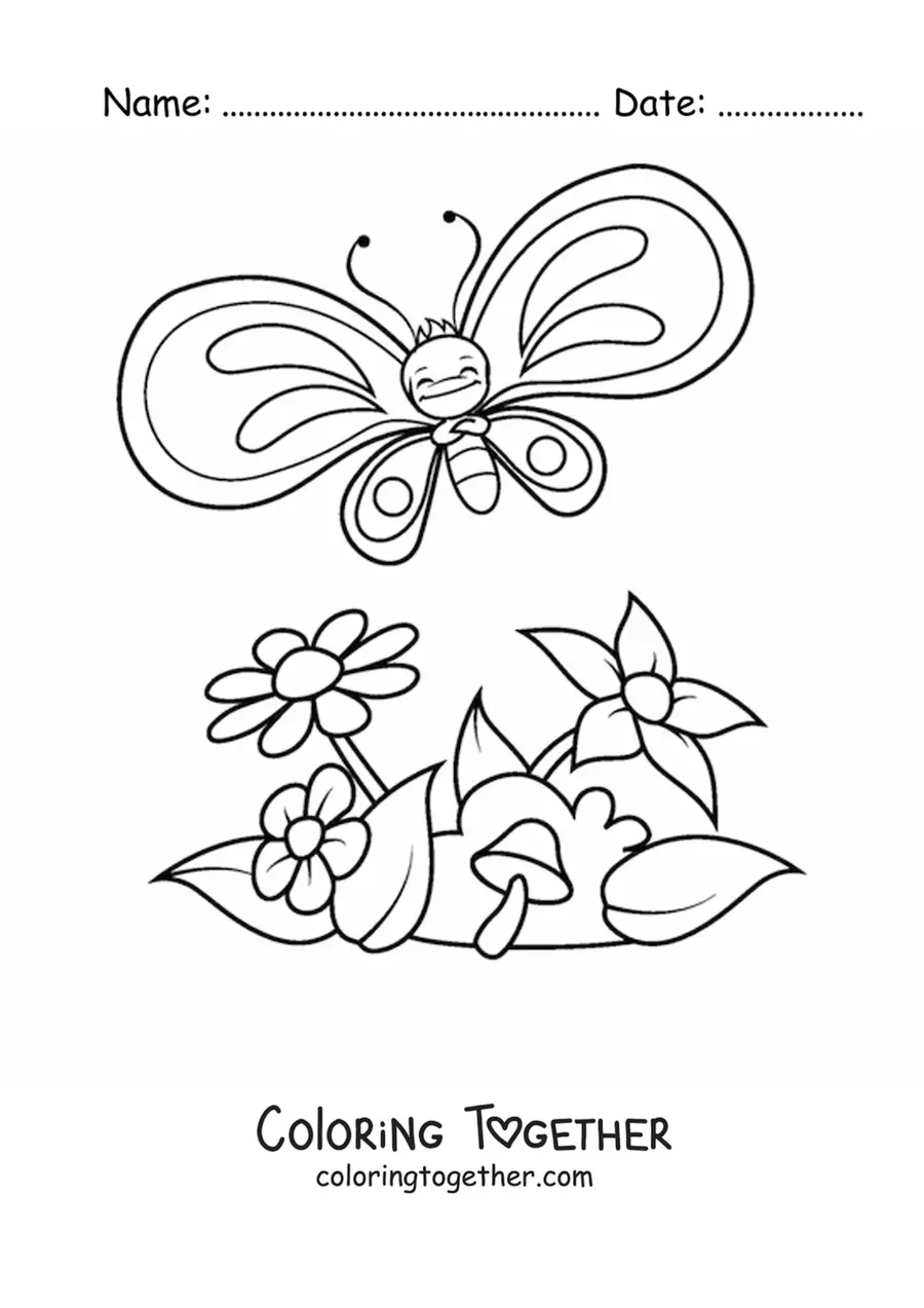 Coloring page of a cheerful cartoon butterfly flying over several flowers