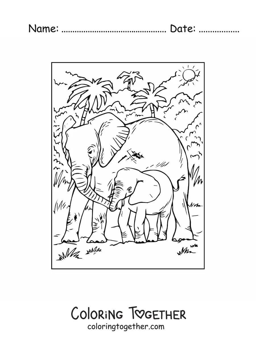 Coloring page of a realistic mom and baby elephant walking in the jungle
