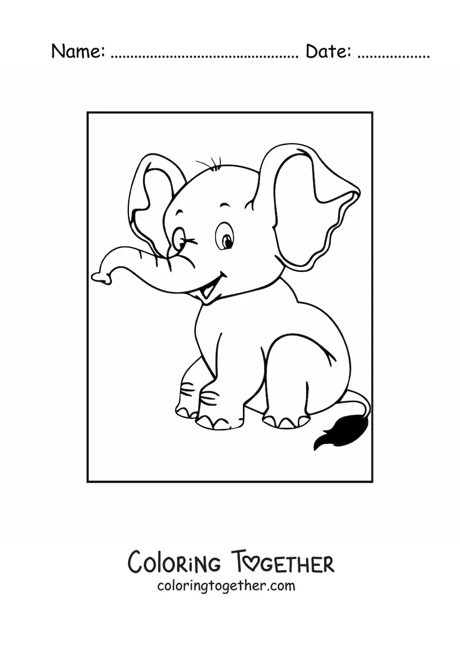 Coloring page of a cute baby elephant sitting and smiling
