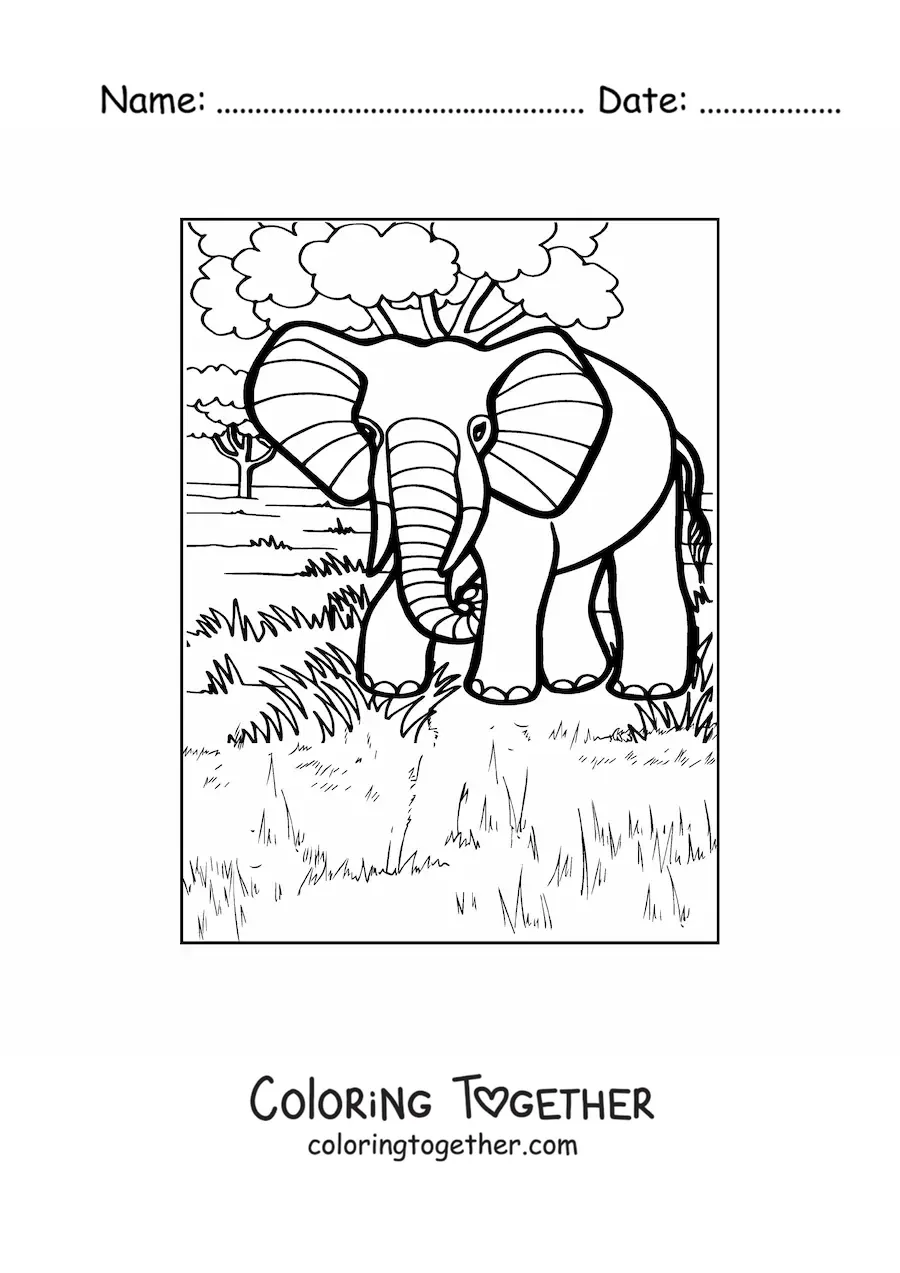Coloring page of an elephant posing in its natural habitat