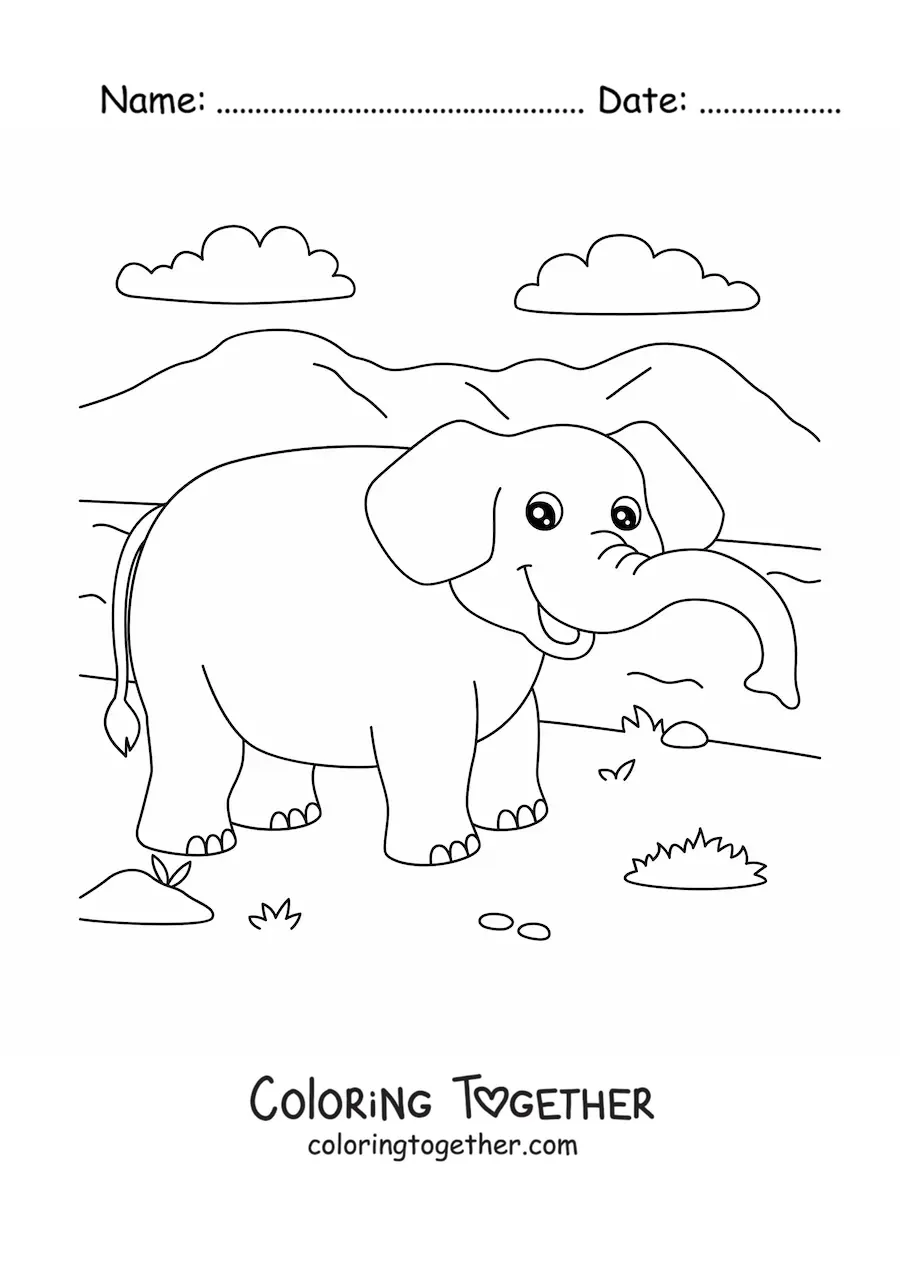 Coloring page of a cartoon elephant walking in the savanna