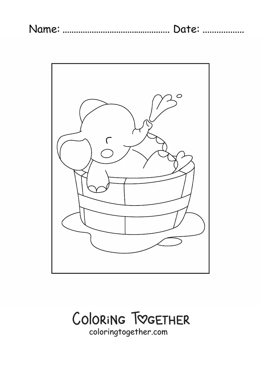 Coloring page of a kawaii baby elephant in a tub bathing with its trunk