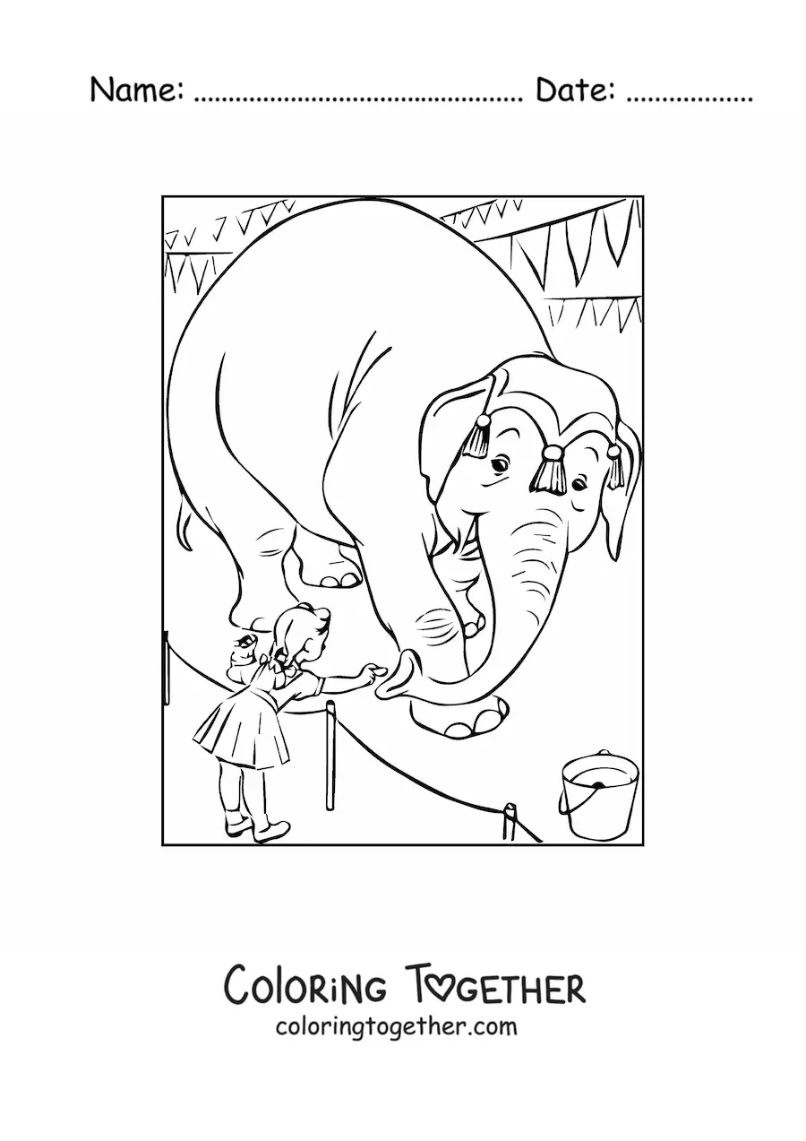 Coloring page of a girl feeding a circus elephant