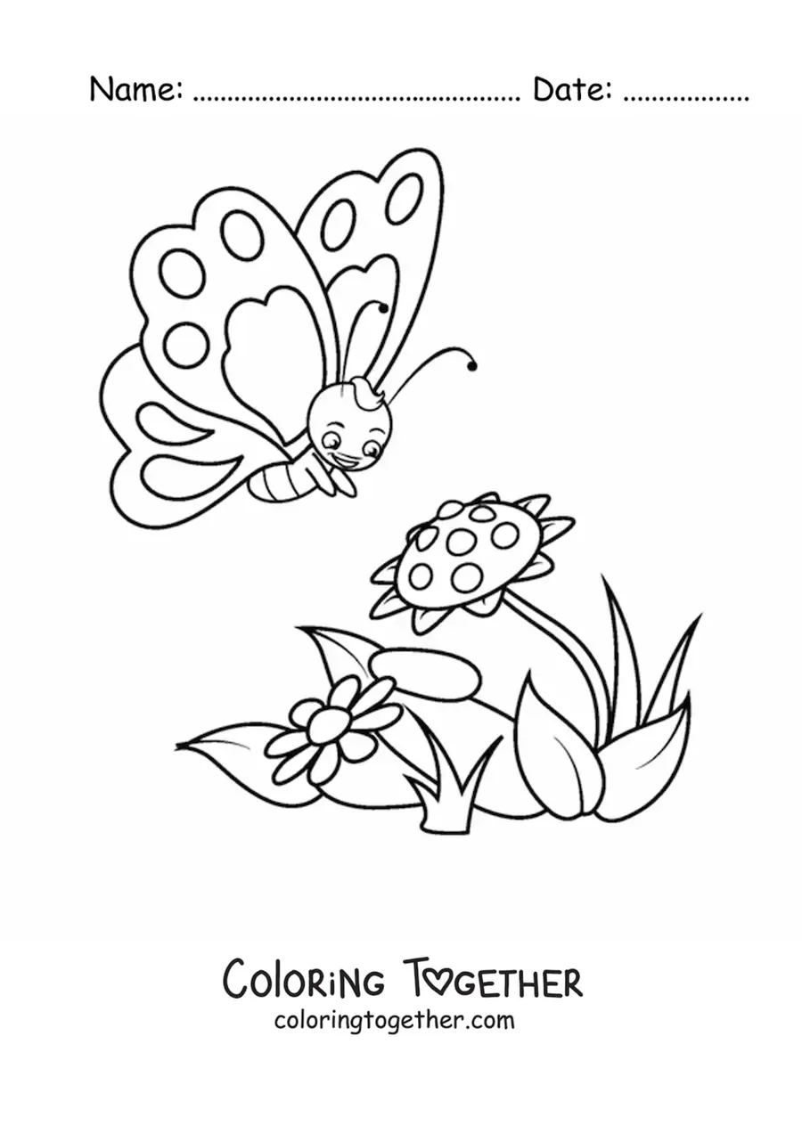 Coloring page of a cartoon butterfly approaching two flowers