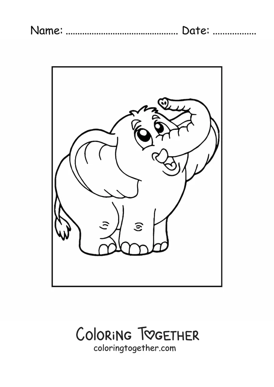 Coloring page of a cute elephant with its trunk curled upward