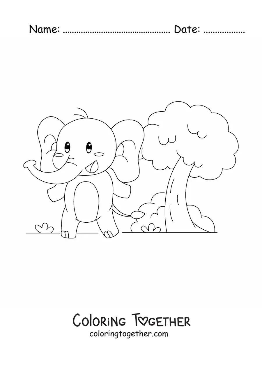 Coloring page of a kawaii cartoon elephant standing on two legs in a landscape with trees
