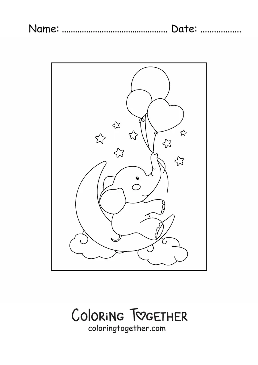 Coloring page of a kawaii baby elephant sitting on a crescent moon in the sky holding heart balloons with its trunk