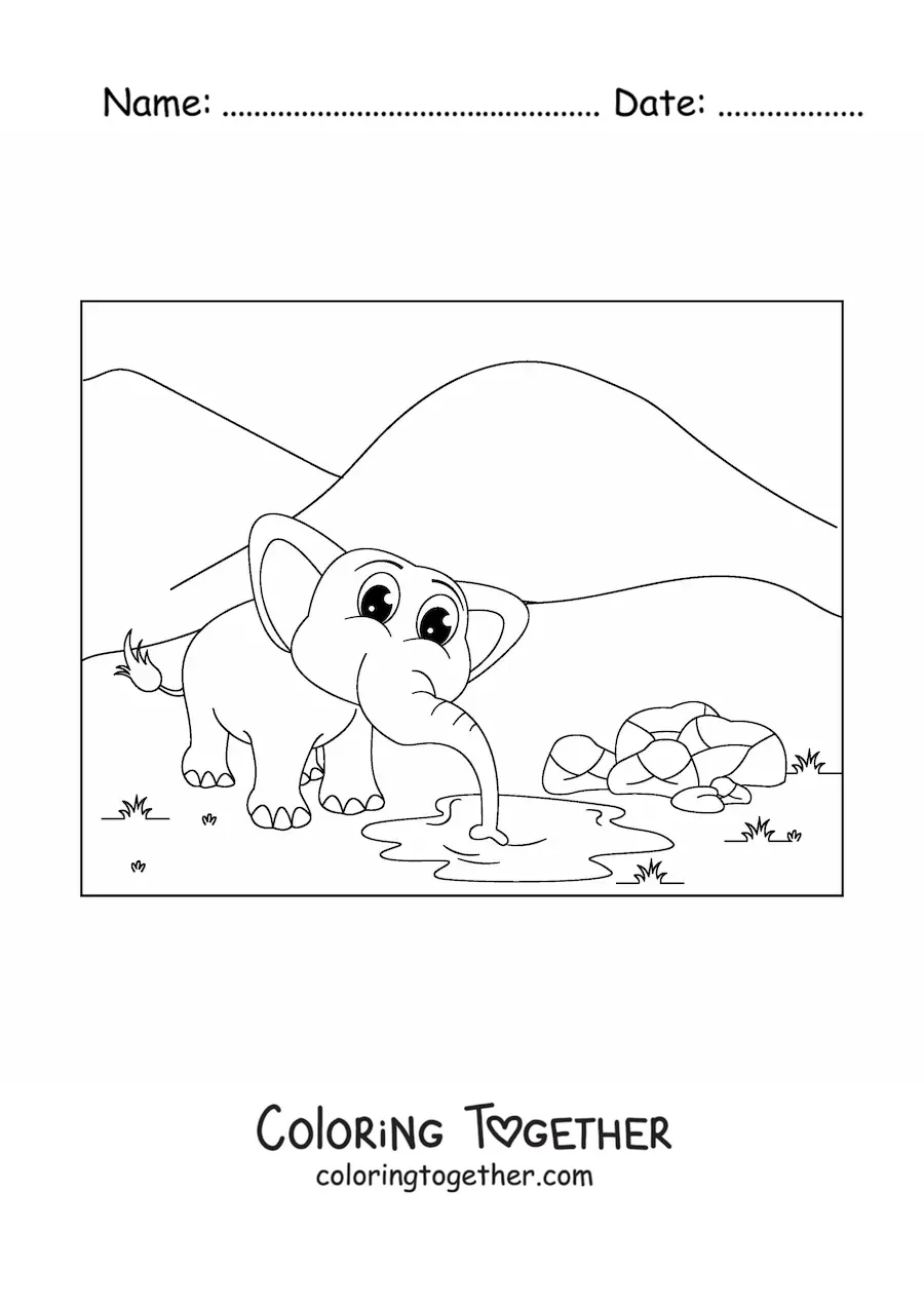 Coloring page of a cute cartoon elephant drinking water from a pond in the savanna