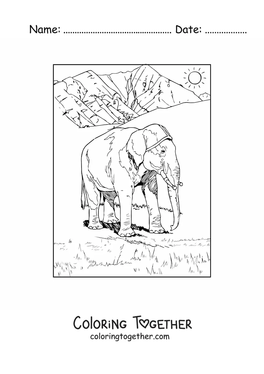 Coloring page of a realistic elephant on a sunny day in the savanna