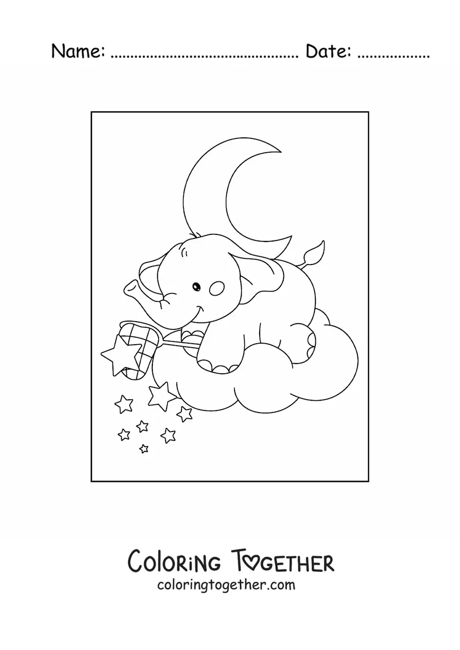 Coloring page of a kawaii baby elephant on a cloud catching stars with a net