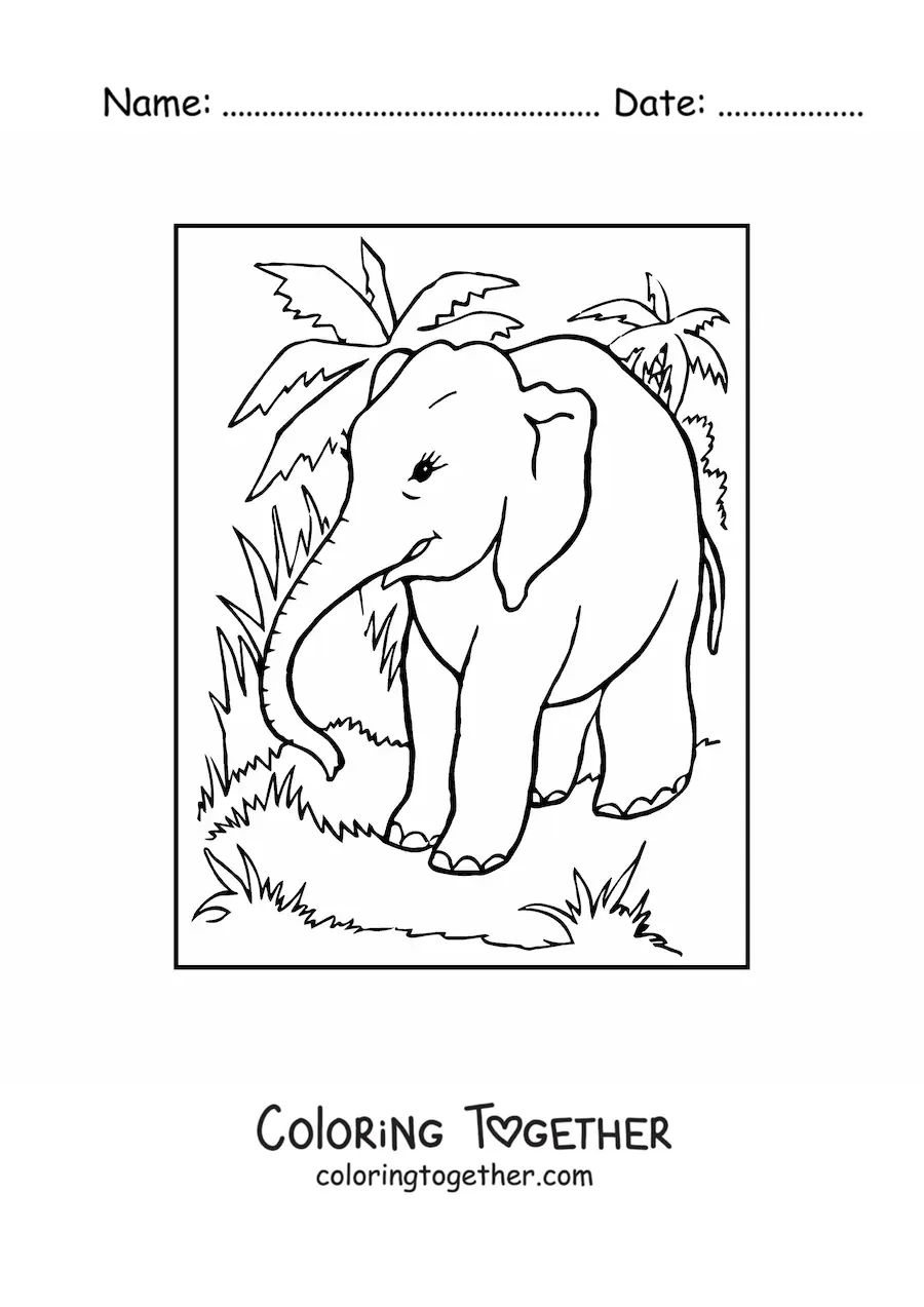 Coloring page of an elephant wandering through the jungle