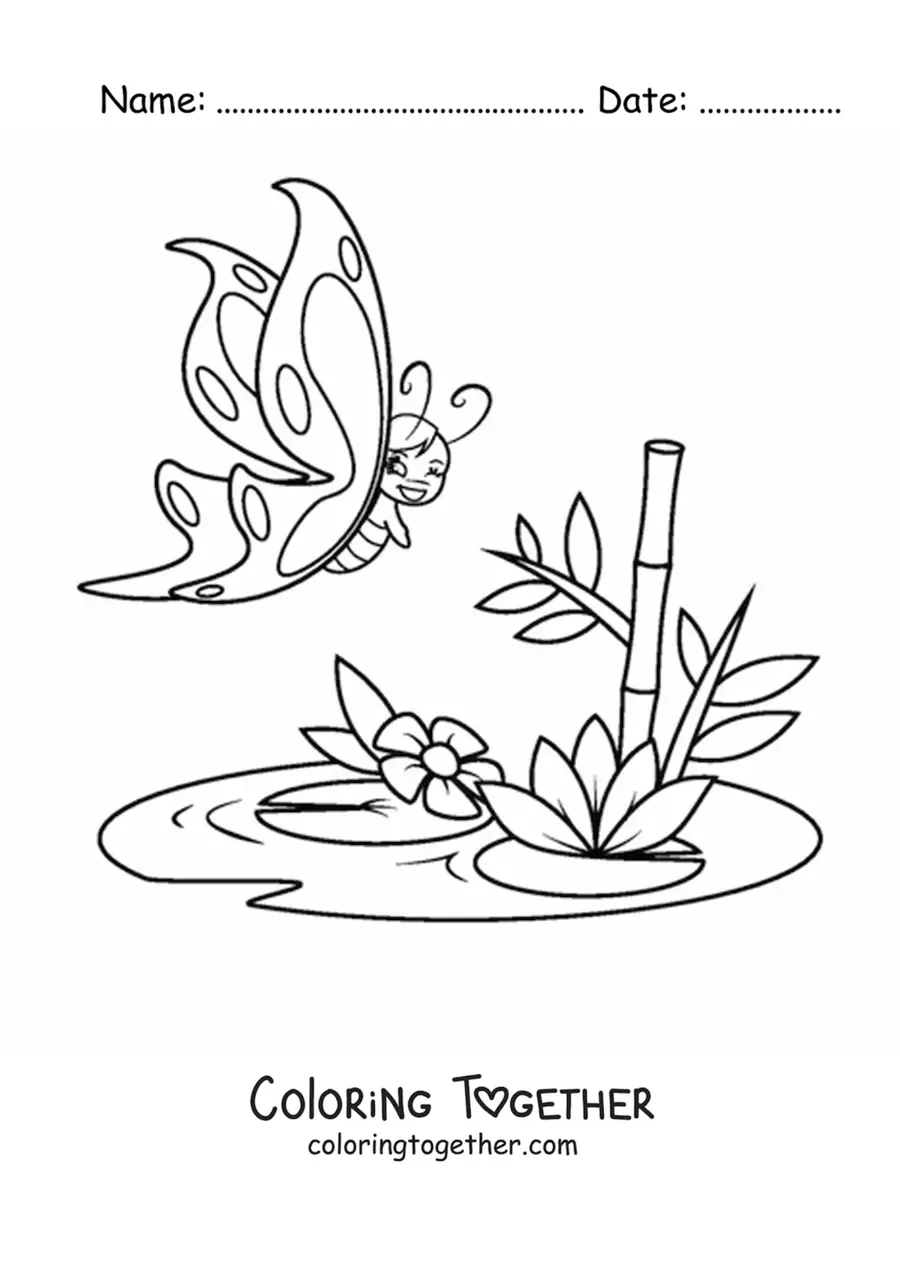 Coloring page of a cartoon butterfly flying near water lily flowers