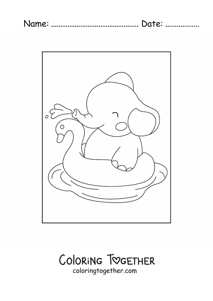 Coloring page of a happy kawaii baby elephant with an inflatable float in the water