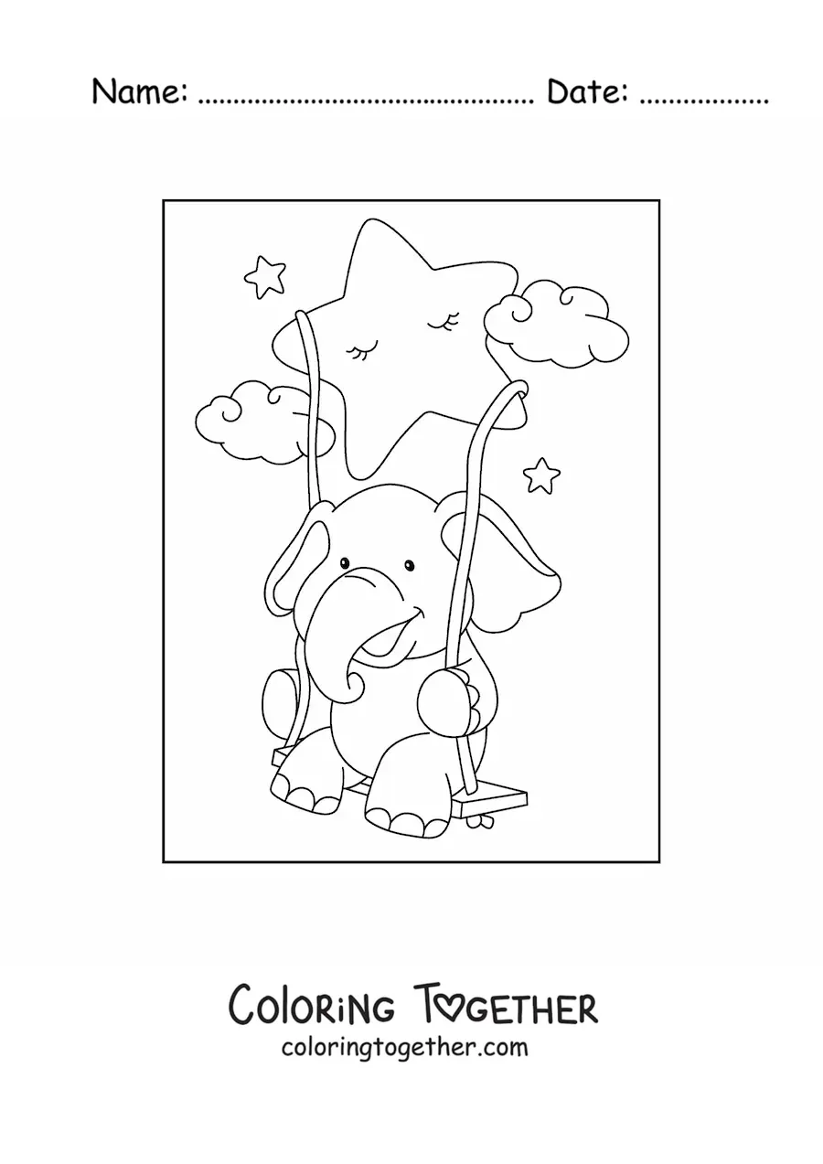 Coloring page of a kawaii elephant sitting on a swing hung from a cartoon star