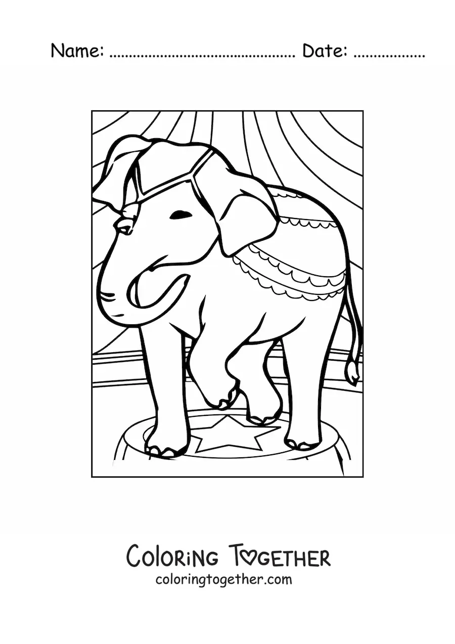 Coloring page of a decorated elephant at the circus standing on a pedestal