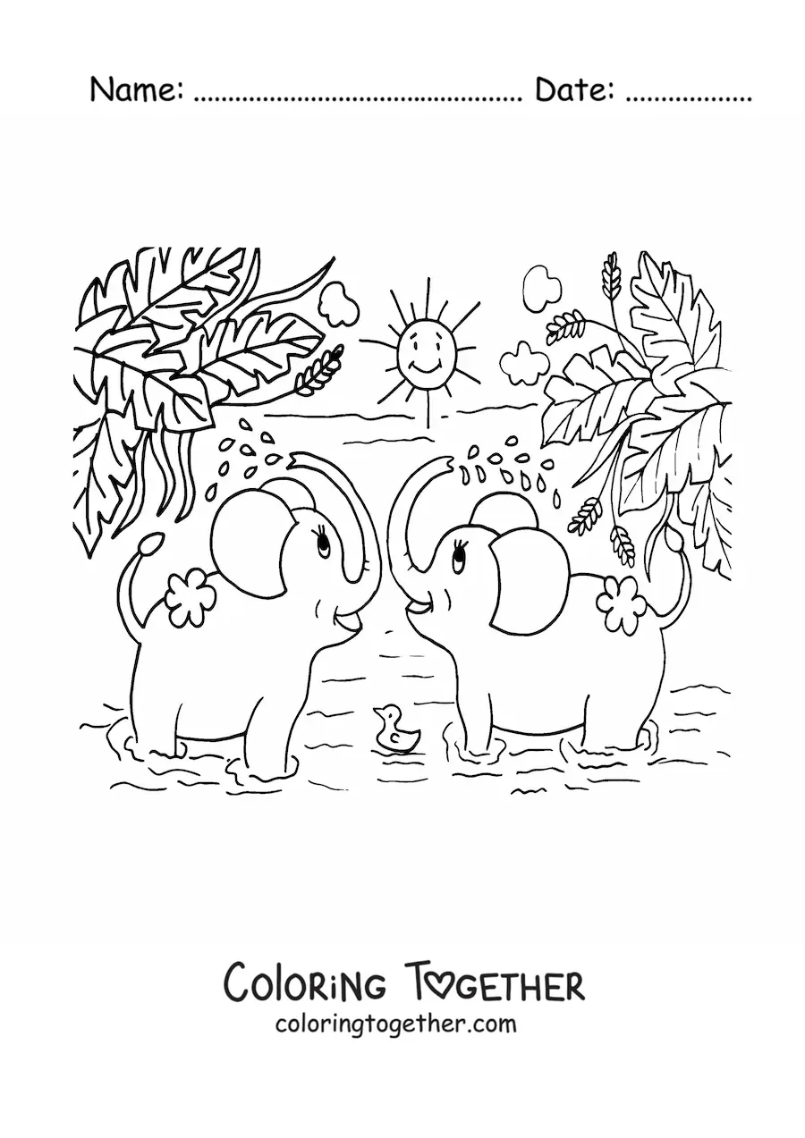 Coloring page of a pair of cartoon elephants bathing in the jungle on a sunny day