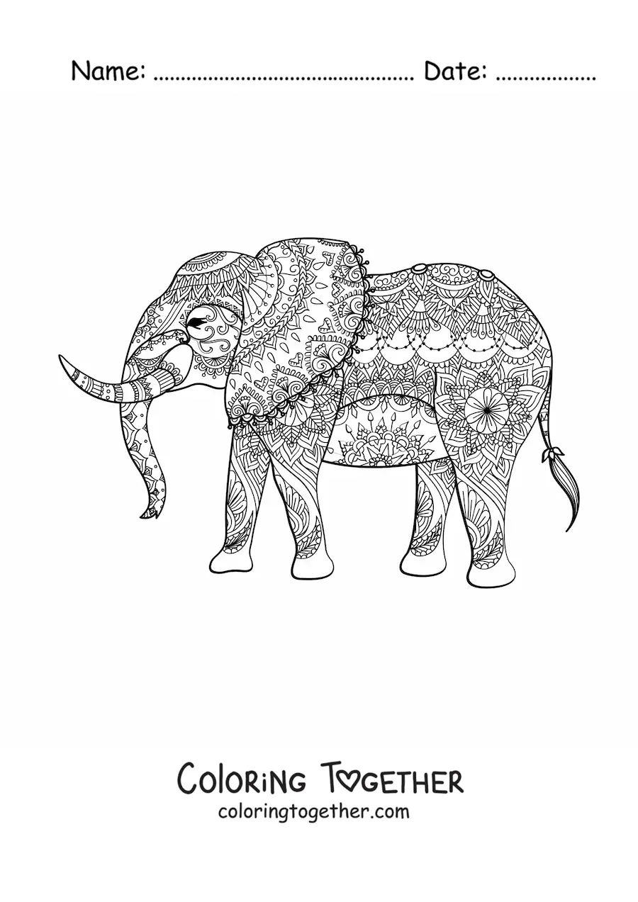 Coloring page of an elephant-shaped mandala