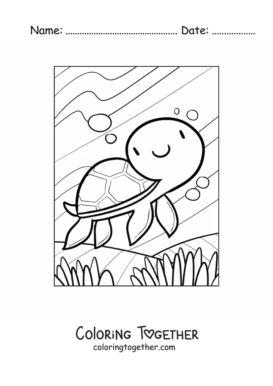 Coloring page of a kawaii sea turtle swimming at the bottom of the sea