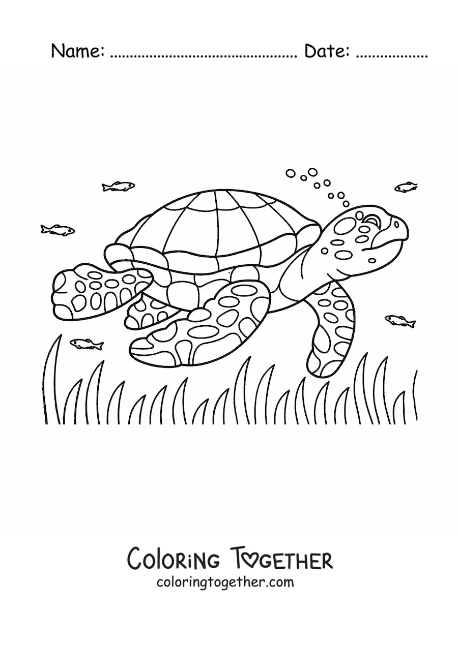 Coloring page of a realistic sea turtle swimming among fish in the sea