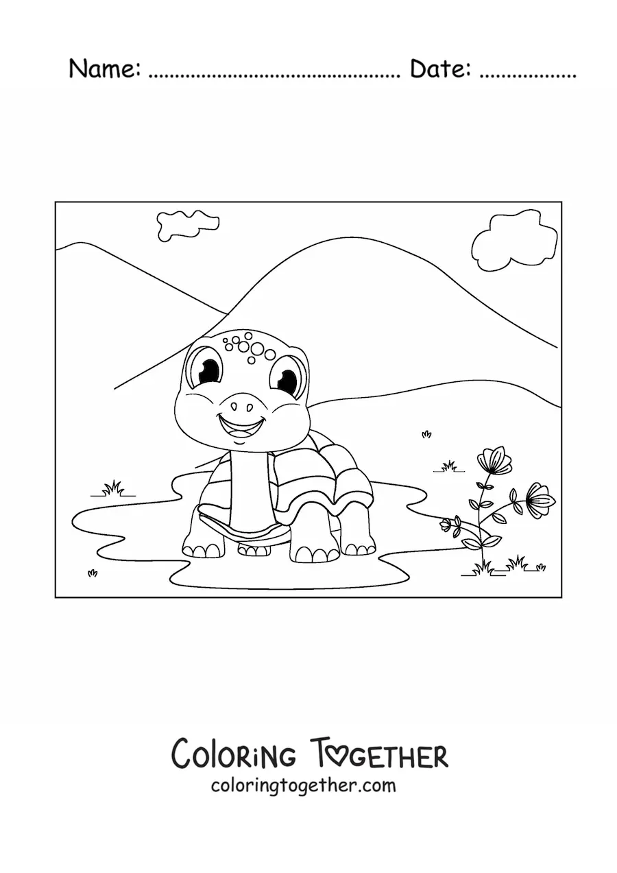 Coloring page of a smiling cartoon land turtle in a puddle in a mountain landscape