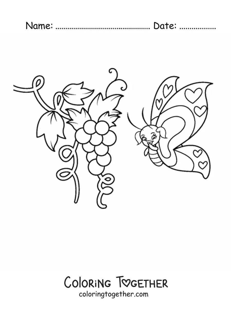 Coloring page of a cartoon butterfly flying near some grapes