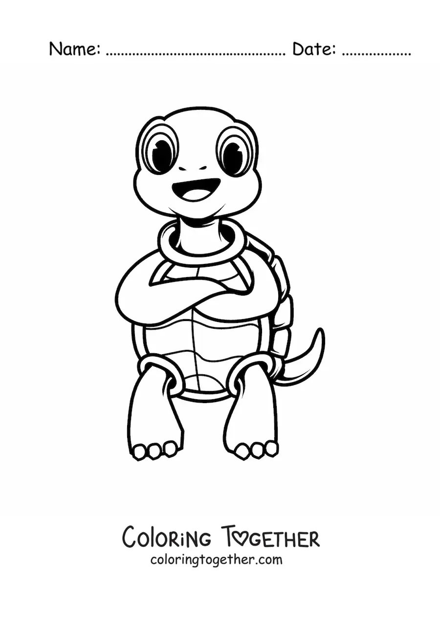 Coloring page of a cartoon turtle on two legs with its arms crossed