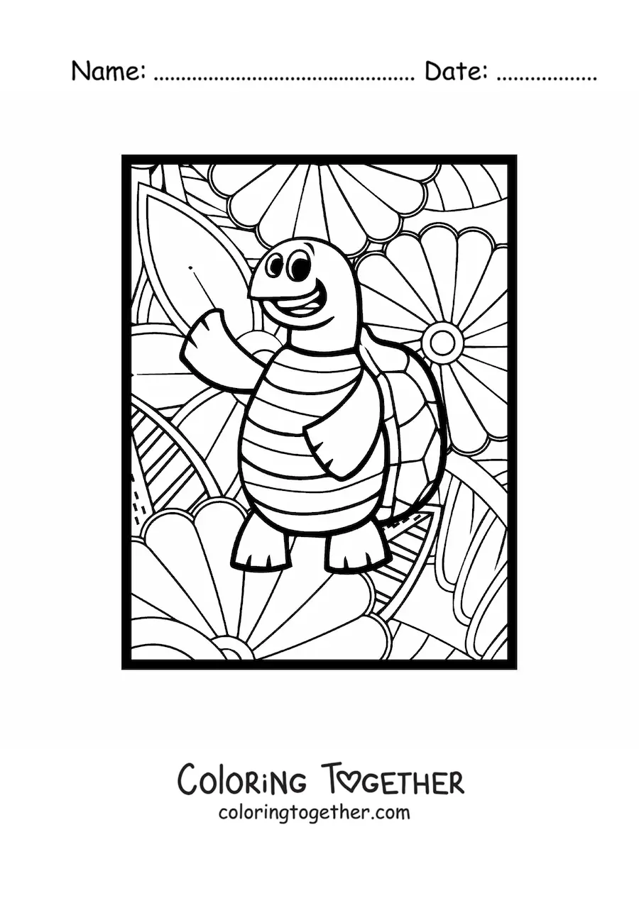 Coloring page of a funny cartoon turtle waving with flowers in the background