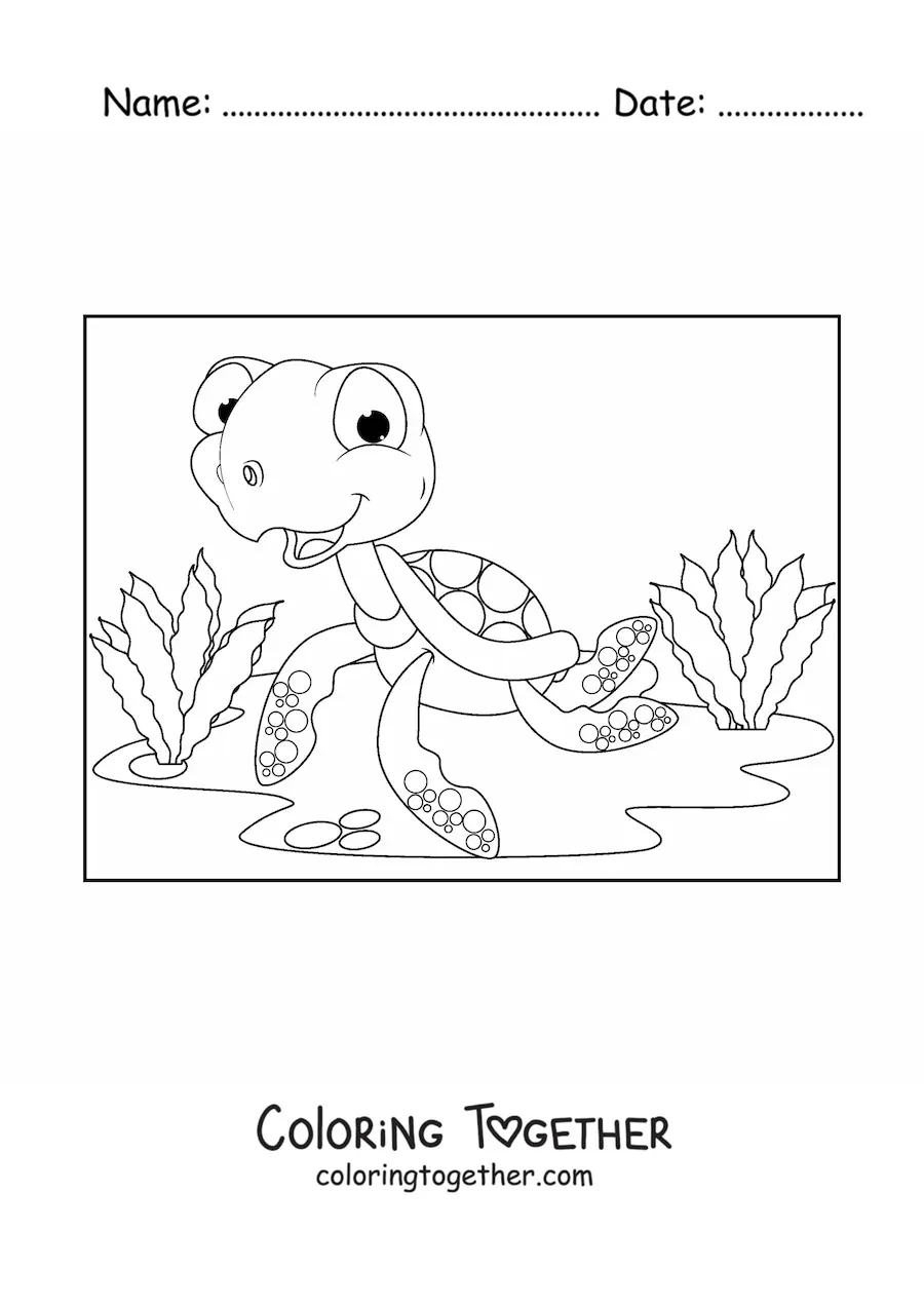 Coloring page of a cartoon sea turtle at the bottom of the sea