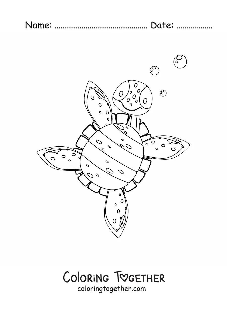 Coloring page of a cartoon sea turtle seen from below
