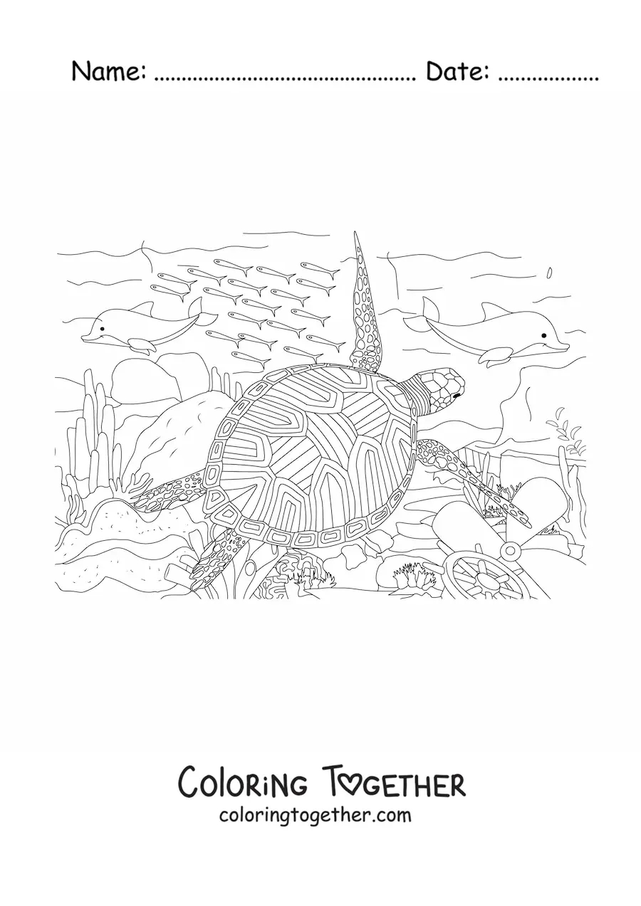 Coloring page of a realistic sea turtle swimming with fish at the bottom of the sea