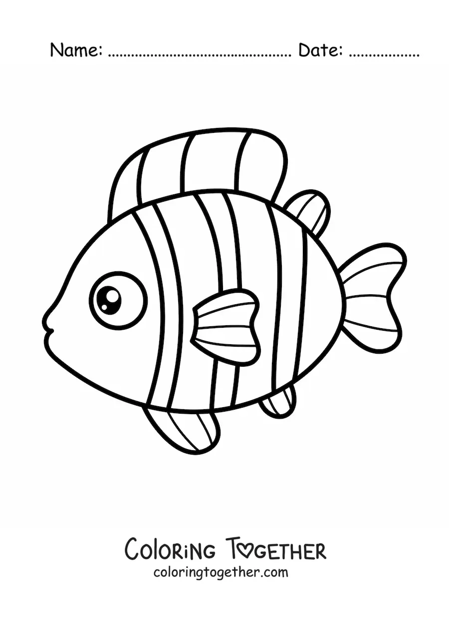 Coloring page of a kawaii clownfish facing left in profile