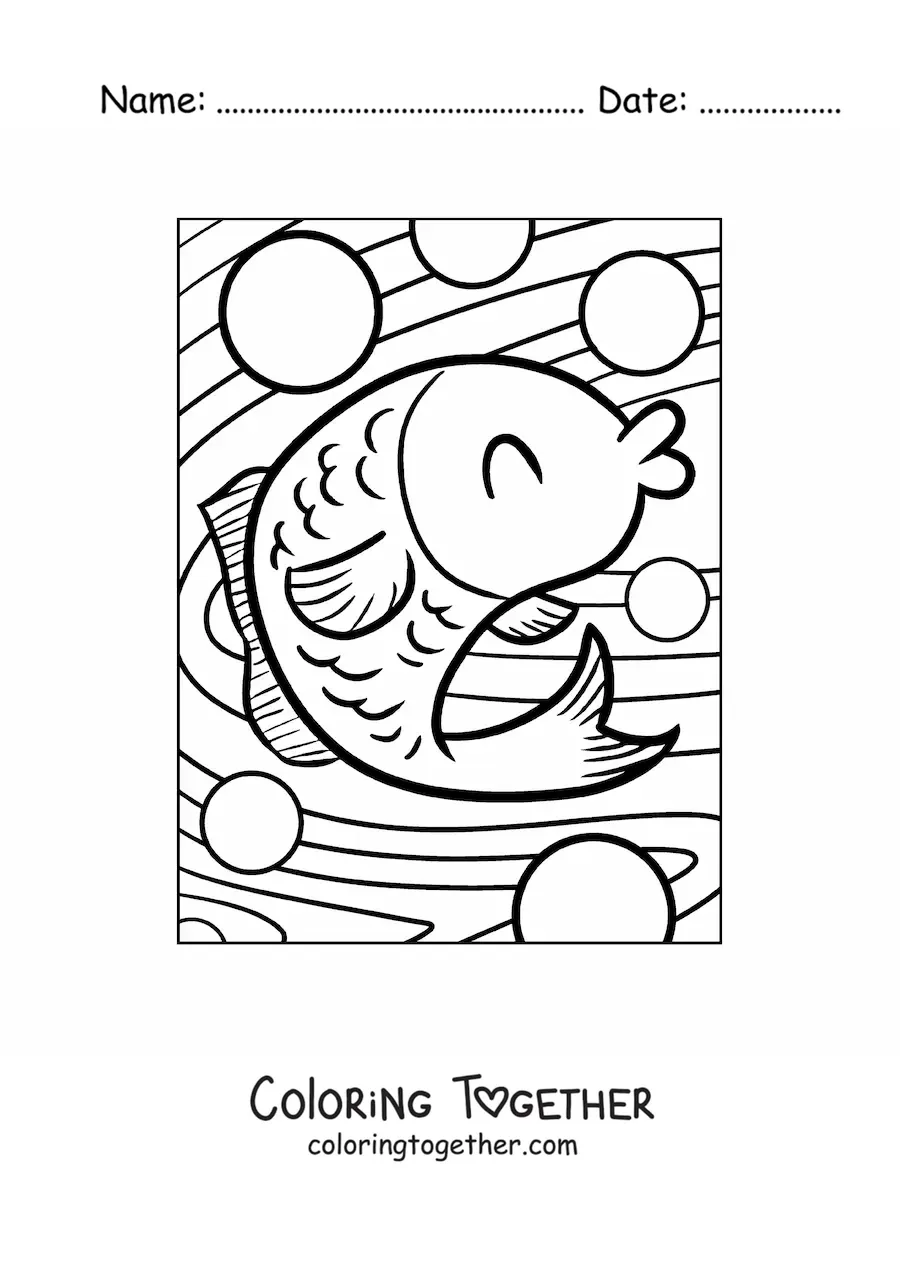 Coloring page of a happy cartoon fish swimming in the sea among bubbles with its eyes closed