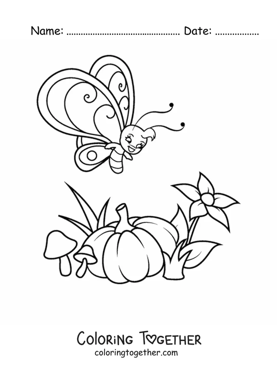 Coloring page of a cartoon butterfly flying near a pumpkin