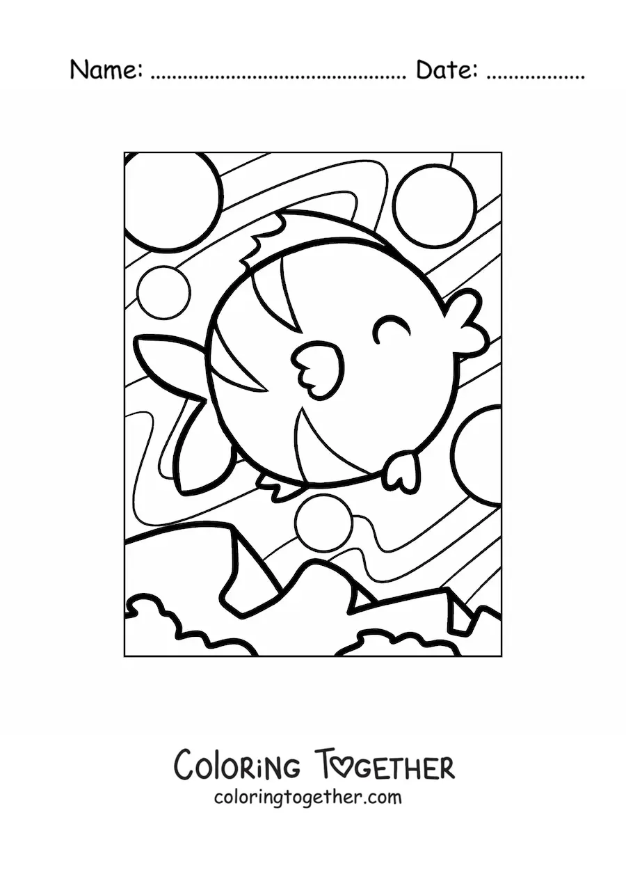 Coloring page of a happy cartoon fish swimming among bubbles in the water