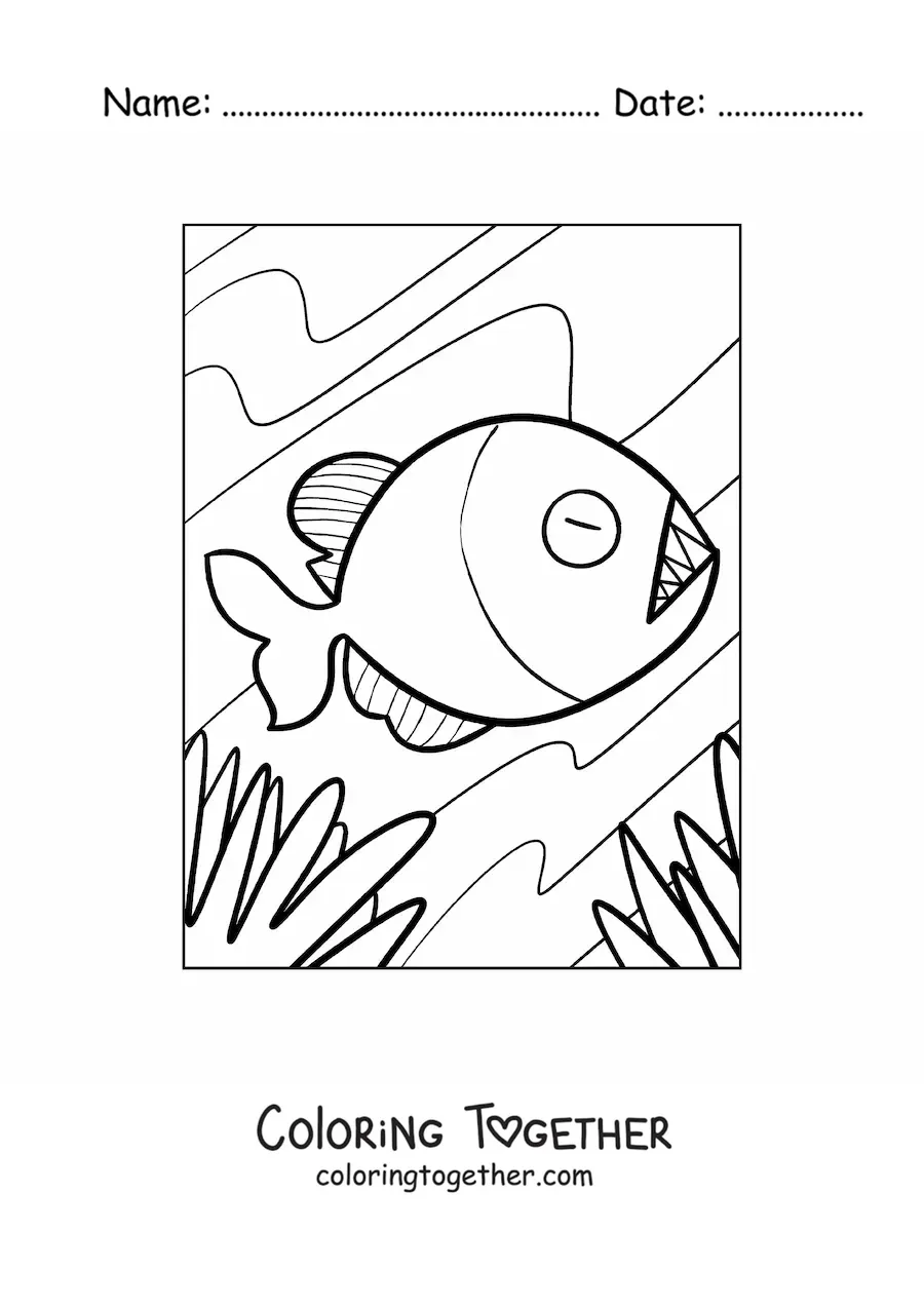 Coloring page of a cartoon piranha swimming at the bottom of the river