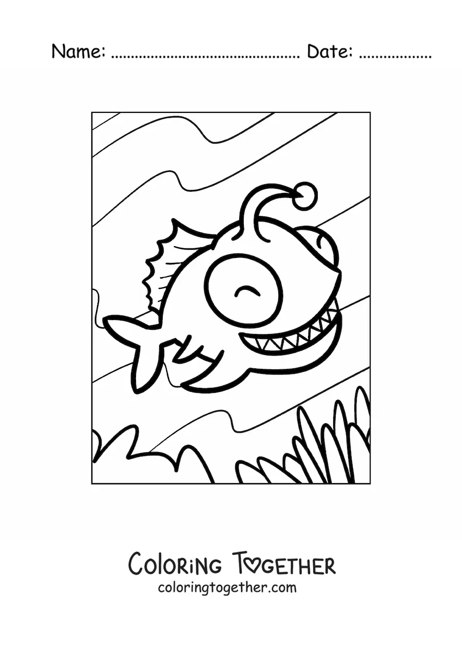Coloring page of a smiling cartoon lanternfish swimming at the bottom of the sea