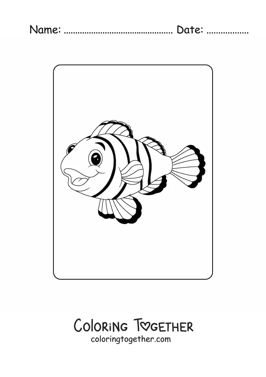 Coloring page of a smiling cartoon clownfish