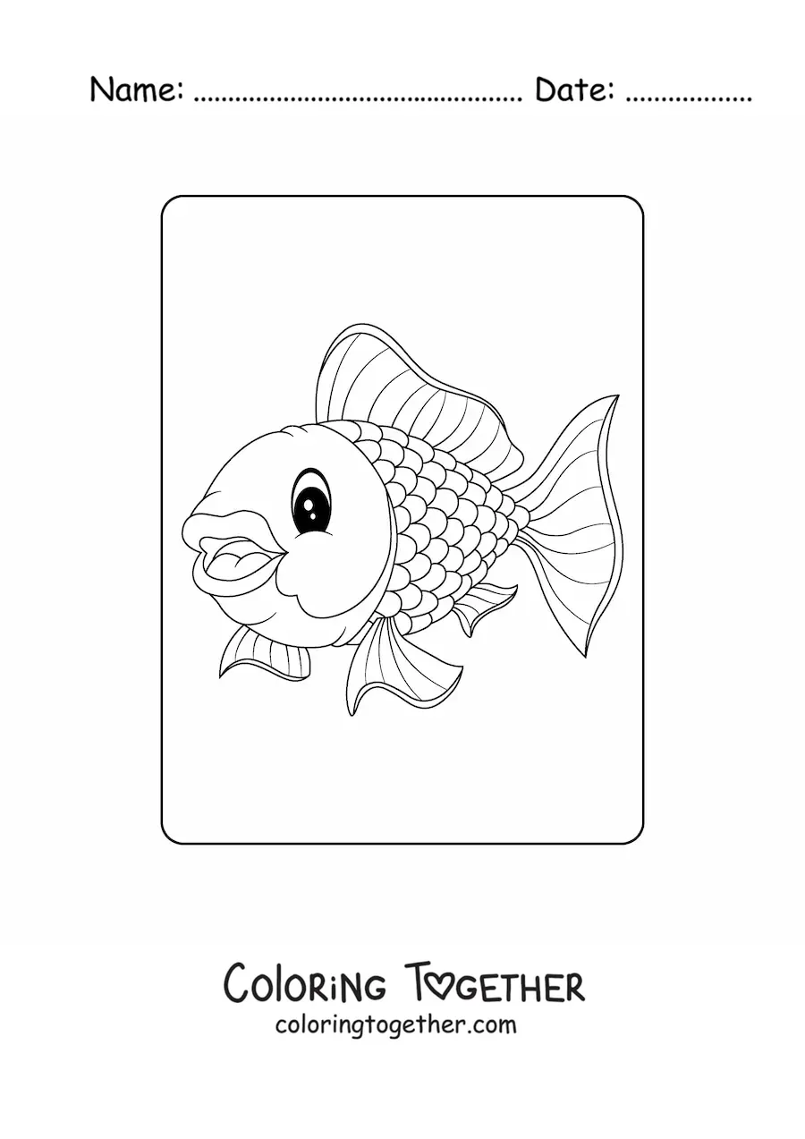 Coloring page of a happy cartoon goldfish